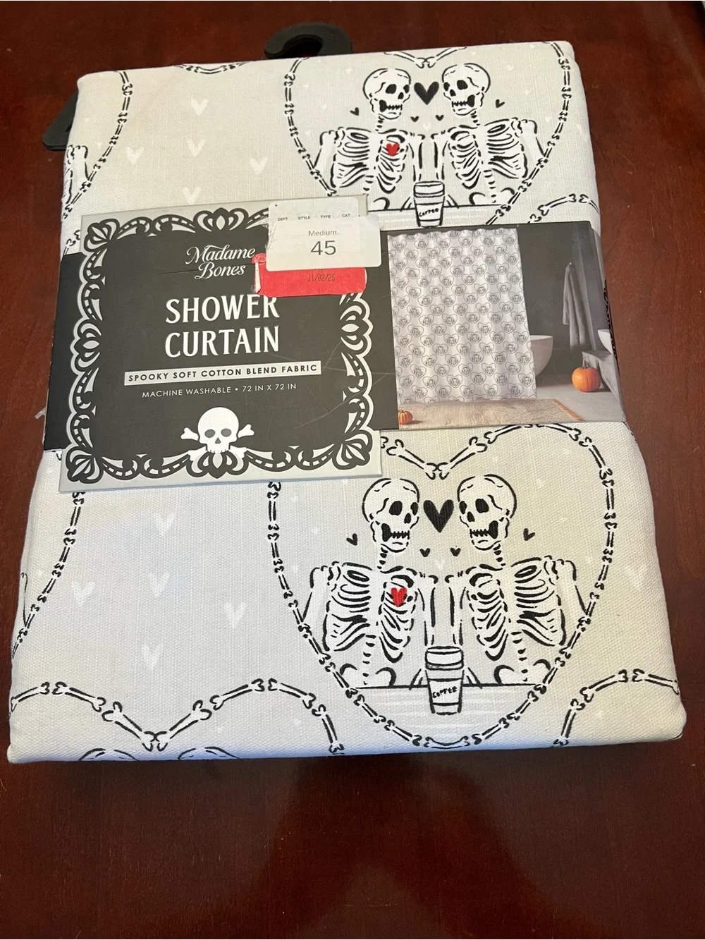 Madame Bones Cream Cotton-Blend Shower Curtain with Heart Skeleton Pattern